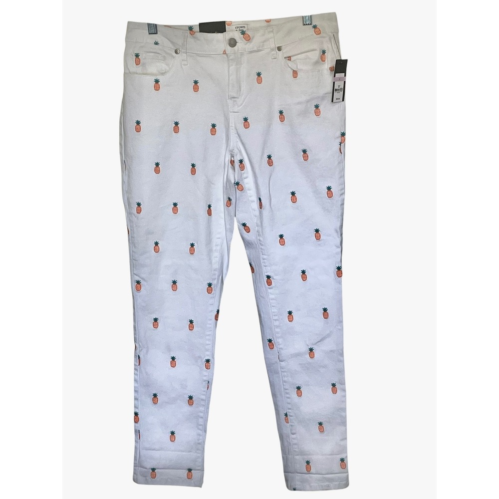 Crown & Ivy Womens White Pineapple Embroidered Crop Denim Pants Size 6 NWT